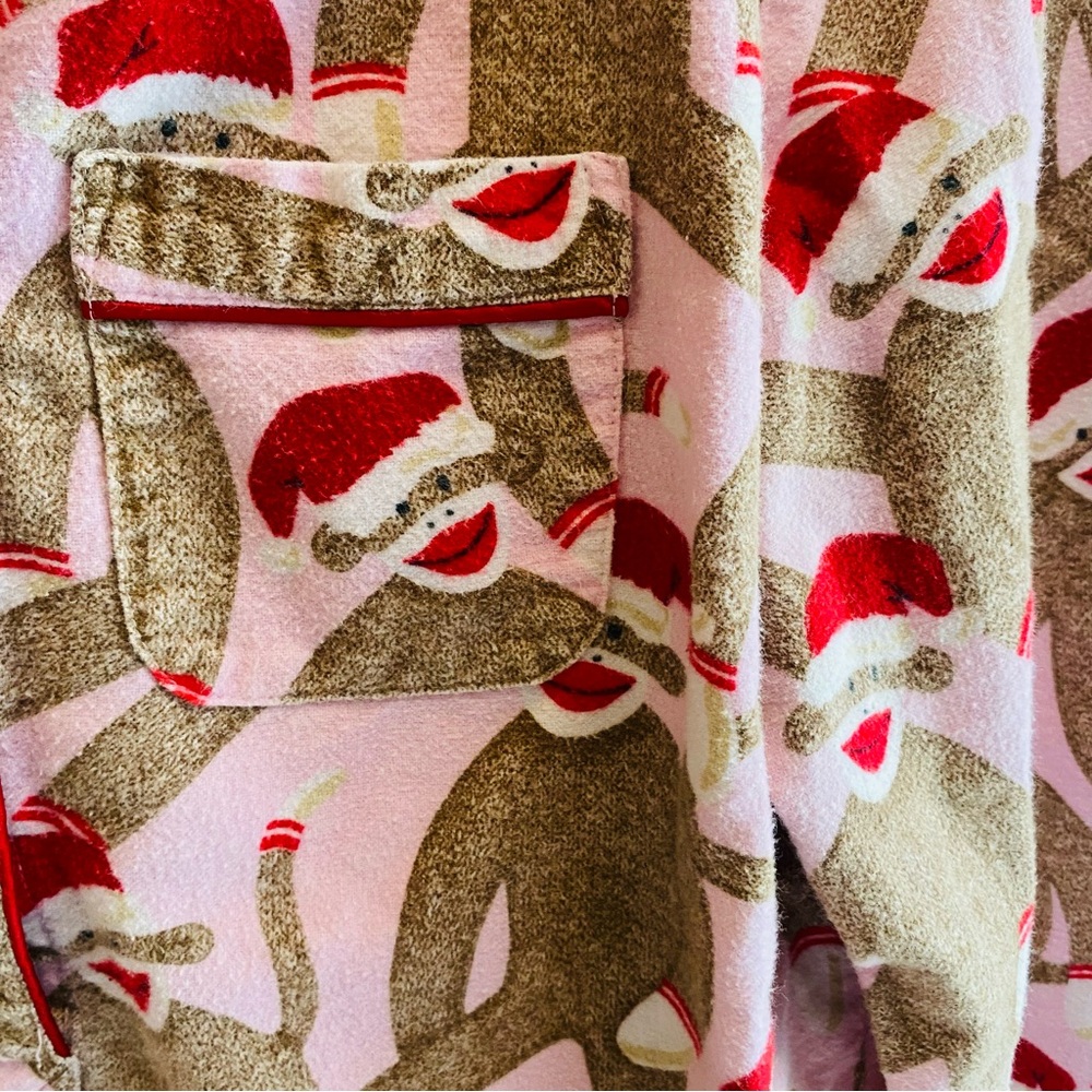 Nick & Nora Pink Sock Monkeys Santa Hat Flannel Nightgown Sleep Shirt Small - Picture 4 of 5